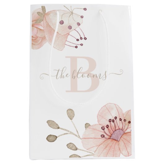 モノグラム写真ウォーターカラーピーチフラワルギフトバッグ ミディアムペーパーバッグ (正面)