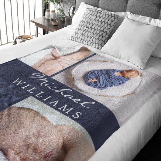 モノグラム写真コラージネイビーブルー生まれたばかりのベビー フリースブランケット