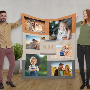 モノグラム写真コラージュ焼きオレンジ色ベージュ炭 フリースブランケット