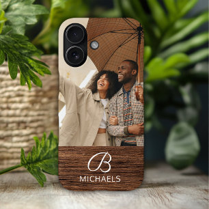 モノグラム写真木目材名パーソナライズされた前 iPhone 16ケース
