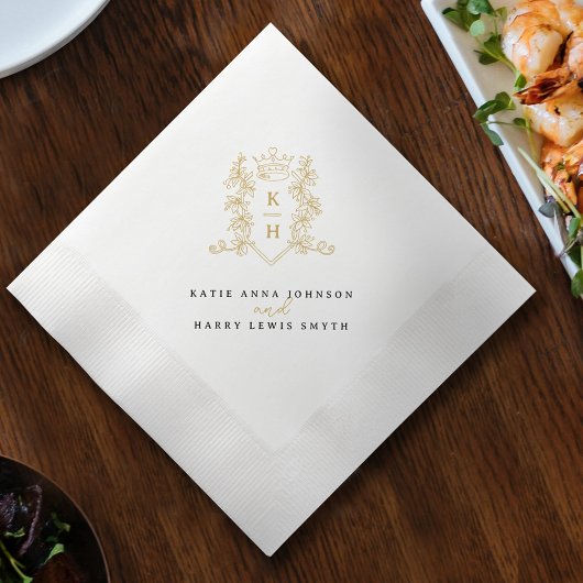 モノグラム冠クラウン白金ゴールド結婚ブラック 縁ありカクテルナプキン