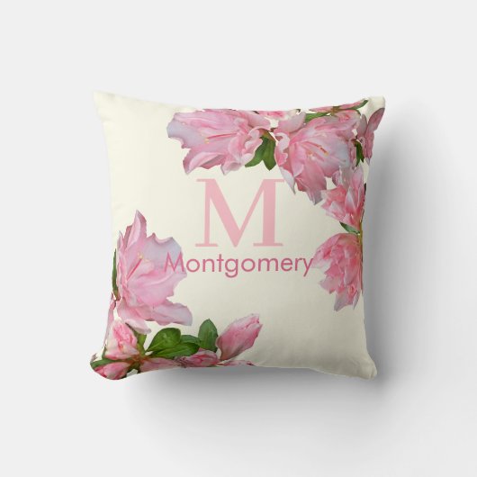 モノグラム名かわいらしピンクフローラアイボリー クッション (正面)