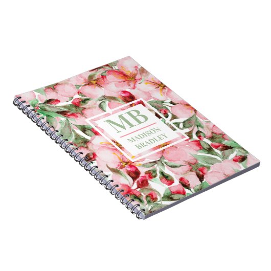 モノグラム名さくらんぼ花の水色フローラ ノートブック (右側)