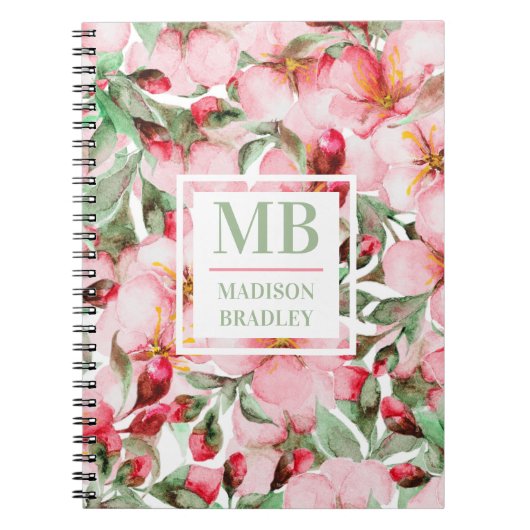 モノグラム名さくらんぼ花の水色フローラ ノートブック (正面)