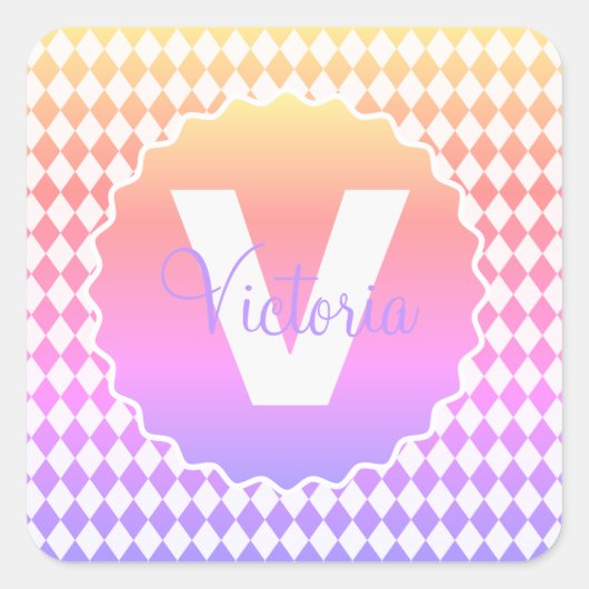 モノグラム名のチェッカーボード虹の色 スクエアシール (正面)