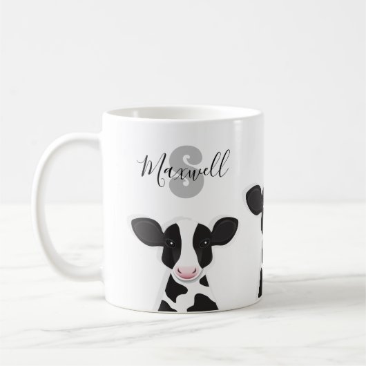 モノグラム名の牛動物 コーヒーマグカップ (左)