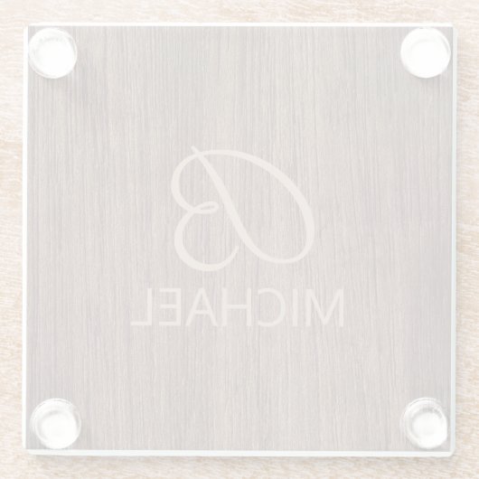 モノグラム名を持つ木目パーソナライズされた材 ガラスコースター (裏面)