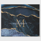 モノグラム名アガテネイビーブルー金ゴールド大理石ギフト ラッピングペーパー (フラット)