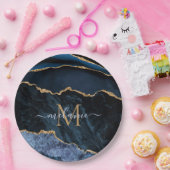 モノグラム名アガテネイビーブルー金ゴールド紙プレート ペーパープレート (パーティー)