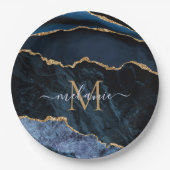 モノグラム名アガテネイビーブルー金ゴールド紙プレート ペーパープレート (正面)