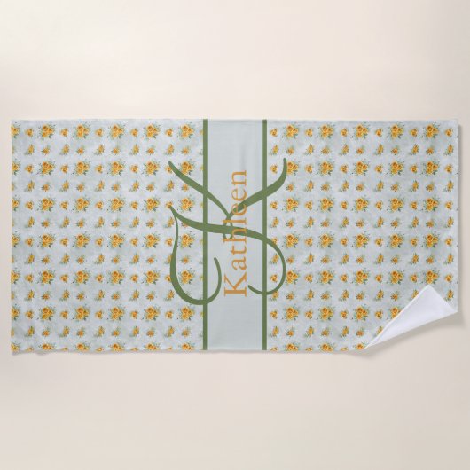 モノグラム名イニシャルイエローグリーンフローラ ビーチタオル (正面)