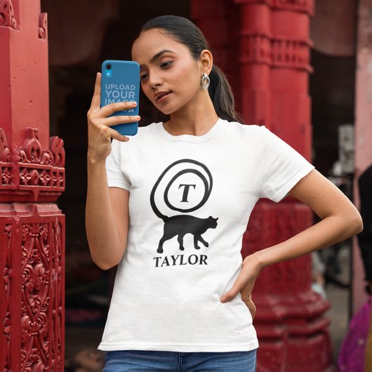 モノグラム名イニシャルキティキャットラバーホワイトブラック Tシャツ