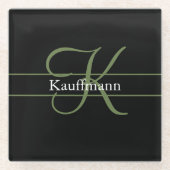 モノグラム名イニシャルスクリプトブラックグリーンホワイト ガラスコースター (正面)