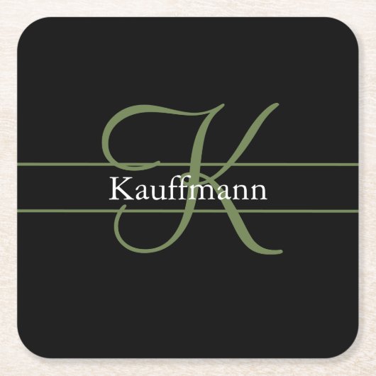 モノグラム名イニシャルスクリプトブラックグリーンホワイト スクエアペーパーコースター (正面)