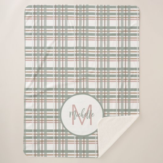 モノグラム名イニシャルセージピンクプレイドパターン シェルパブランケット (正面)