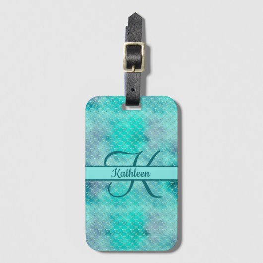 モノグラム名イニシャルマーメイドブルーパープルグリーン ラゲッジタグ (正面縦)