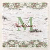 モノグラム名ウィンターウッドランドホワイトローズパインコーン ガラスコースター (正面)