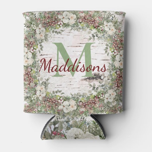 モノグラム名ウィンターウッドランドホワイトローズピネコン 缶クーラー (正面)