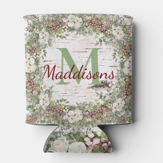 モノグラム名ウィンターウッドランドホワイトローズピネコン 缶クーラー (裏面)