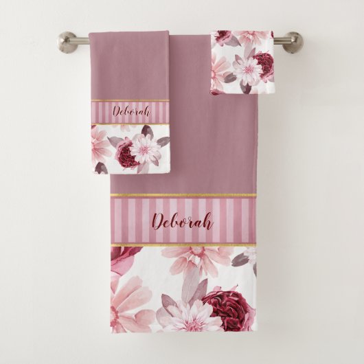モノグラム名エレガントピンクブルゴーニュフローラストライプ バスタオルセット (インサイチュ)
