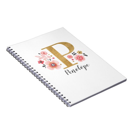 モノグラム名エレガントピンクホワイトフローラ事務所 ノートブック (右側)