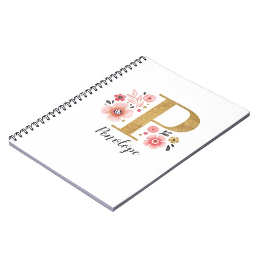 モノグラム名エレガントピンクホワイトフローラ事務所 ノートブック (左側)
