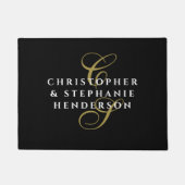 モノグラム名エレガント黒金ゴールドホワイトミニマリスト ドアマット (正面)