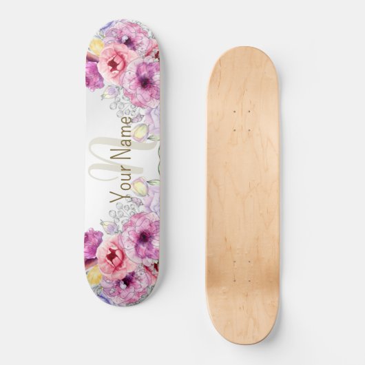 モノグラム名カラフルピンクフローラシルバーエレガント スケートボード (正面)