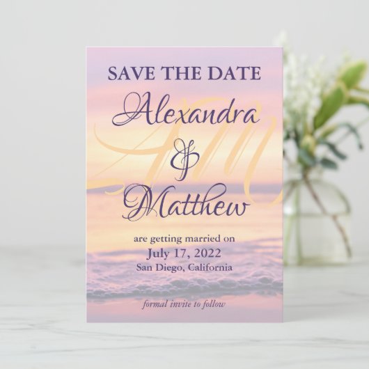 モノグラム名カリフォルニアビーチサンセットウェーブフォト セーブザデート (スタンド正面)