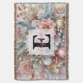 モノグラム名クリスマスフローラパステル水色 スローブランケット (正面縦)