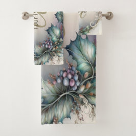 モノグラム名グリーンパープル葉エレガント素朴名 バスタオルセット