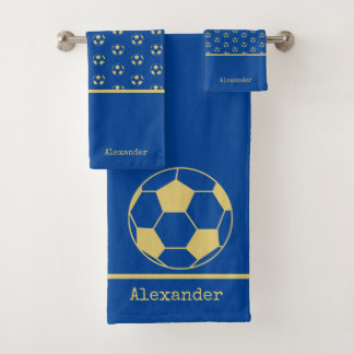 モノグラム名サッカーサッカー金ゴールドブルー バスタオルセット