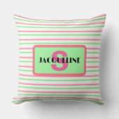 モノグラム名ジオメトストライプリ文字ピンク緑ホワイト クッション (正面)