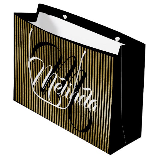 モノグラム名ストライプ金ゴールドVIP記念日 ラージペーパーバッグ (正面アングル)