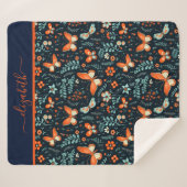 モノグラム名ネイビーブルーオレンジバタフライフローラ シェルパブランケット (正面(横))