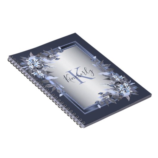 モノグラム名ネイビーブルーフローラシルバーグレイエレガント ノートブック (右側)