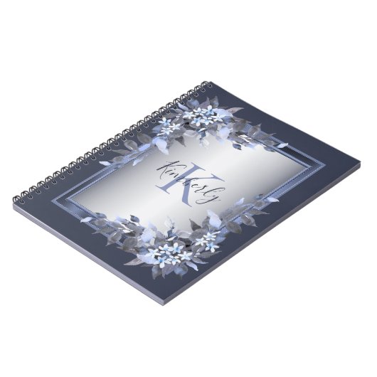 モノグラム名ネイビーブルーフローラシルバーグレイエレガント ノートブック (左側)