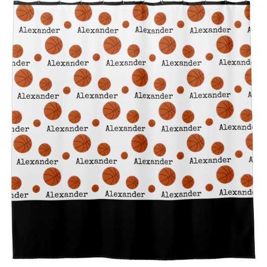 モノグラム名バスケットボールオレンジをホワイトバスに シャワーカーテン (正面)
