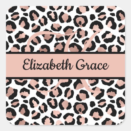 モノグラム名バラ金ゴールドブラックレオパード印刷 スクエアシール (正面)