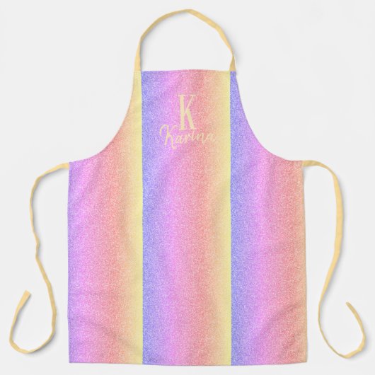 モノグラム名パーソナライズされたガーリーグリッター虹 エプロン (正面)
