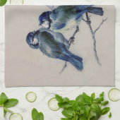 モノグラム名パーソナライズされたブルーグレーバードヴィンテージ キッチンタオル (折り畳み)