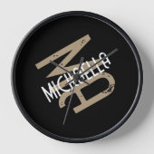 モノグラム名パーソナライズされた白黒ベージュタン 壁時計 (正面)