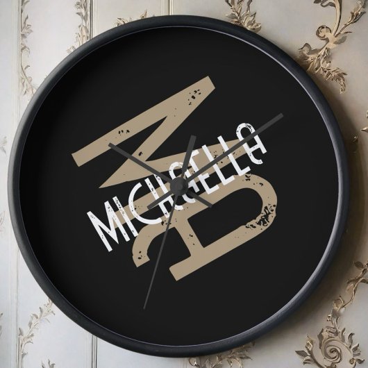 モノグラム名パーソナライズされた白黒ベージュタン 壁時計