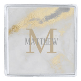 モノグラム名パーソナライズされた金ゴールドグレー大理石 シルバー ラペルピン