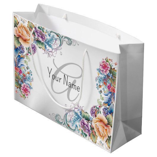 モノグラム名パーティーカラフルエレガントモダンフローラ ラージペーパーバッグ (裏面アングル)