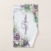 モノグラム名パープルフローラ緑素朴葉 バスタオルセット (ハンドタオル)