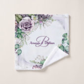 モノグラム名パープルフローラ緑素朴葉 バスタオルセット (ウォッシュタオル)