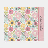 モノグラム名ピンクイエローブルーフローラ フリースブランケット (正面(横))