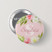モノグラム名ピンクウォーター色フローラ 缶バッジ (正面&裏面)