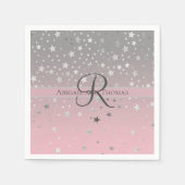 モノグラム名ピンクグレーシルバー結婚スターズ スタンダードカクテルナプキン (正面)
